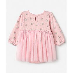 Babyhug 100% Cotton Knit Interlock Onesie and Headband with Full Sleeves and Floral Print - Baby Pink