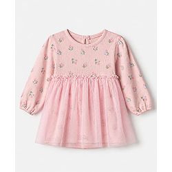 Babyhug 100% Cotton Knit Interlock Onesie and Headband with Full Sleeves and Floral Print - Baby Pink