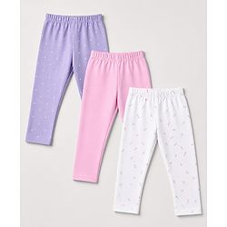 Babyhug Cotton Elastane Knit Full Length Lycra Leggings with Floral Polka Dots Print Pack of 3 - Pink White Lavender