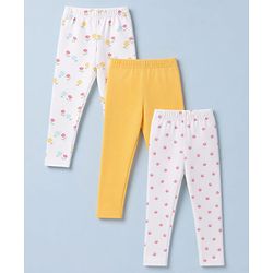 Babyhug Cotton Lycra Knit Full Length Leggings With Floral & Fruit Print Pack of 3 - Yellow, White & Red