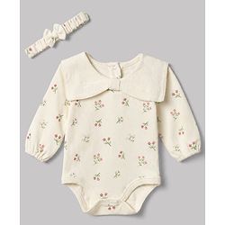 Babyhug 100% Cotton Interlock Knit Onesie and Hairband with Full Sleeves and Floral Print - White