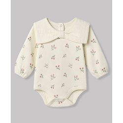 Babyhug 100% Cotton Interlock Knit Onesie and Hairband with Full Sleeves and Floral Print - White