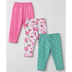 Babyhug Cotton Lycra Full Length Leggings With Polka Dot & Floral Print Pack of 3 - Pink