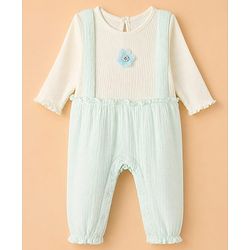 Babyhug 100% Cotton Interlock Knit Full Sleeves Romper With Floral Applique - Sea Green