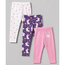 Babyhug Cotton Elastane Knit Slim Fit Full Length Leggings with Rabbit & Floral Print Pack of 3 - White & Pink