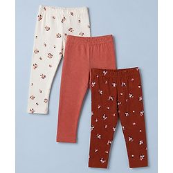 Babyhug Cotton Knit Slim Fit Full Length Leggings with Floral Print Pack of 3 in Maroon White