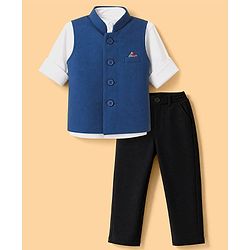Babyhug Knit Woven Full Sleeves Solid Party Suit - Blue