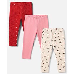 Babyhug Cotton Elastane Knit Full Length Slim Fit Leggings With Floral & Polka Dot Print Pack of 3 in Pink Red