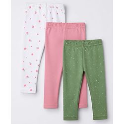 Babyhug Cotton Knit Full Length Leggings with Floral Print Pack of 3 in Pink Green White