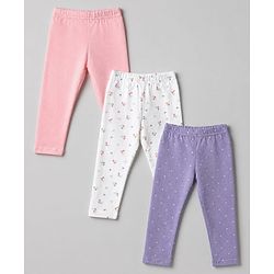 Babyhug Cotton Elastane Knit Full Length Leggings With Floral Print Pack of 3 - Purple Pink White