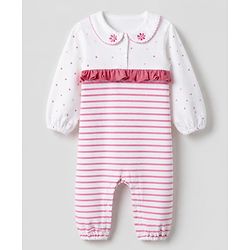 Babyhug 100% Cotton Interlock Knit Full Sleeves Romper with Frill Details and Polka Dots Print with Stripes - White & Pink