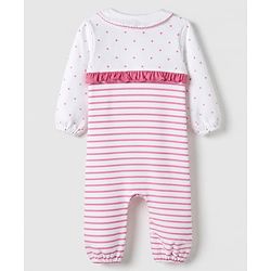 Babyhug 100% Cotton Interlock Knit Full Sleeves Romper with Frill Details and Polka Dots Print with Stripes - White & Pink