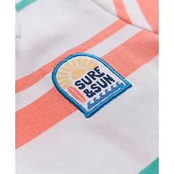 Babyhug 100% Cotton Knit Striped Polo T-Shirt with Half Sleeves and Surf and Sun Applique - White