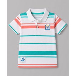 Babyhug 100% Cotton Knit Striped Polo T-Shirt with Half Sleeves and Surf and Sun Applique - White
