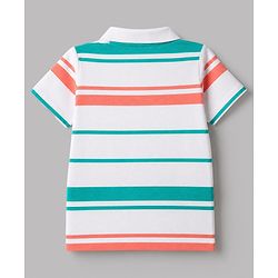 Babyhug 100% Cotton Knit Striped Polo T-Shirt with Half Sleeves and Surf and Sun Applique - White