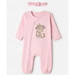 Babyhug 100% Cotton Knit Romper with Full Sleeves and Leopard Print in Light Pink