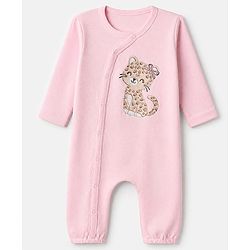 Babyhug 100% Cotton Knit Romper with Full Sleeves and Leopard Print in Light Pink