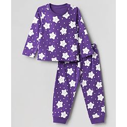 Babyhug 100% Cotton Knit Full Sleeves Co-Ords T-Shirt & Pyjama Night Suit with Star Print - Purple