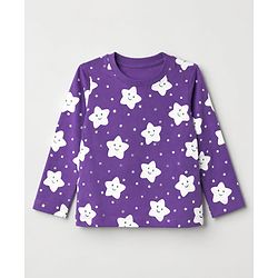 Babyhug 100% Cotton Knit Full Sleeves Co-Ords T-Shirt & Pyjama Night Suit with Star Print - Purple