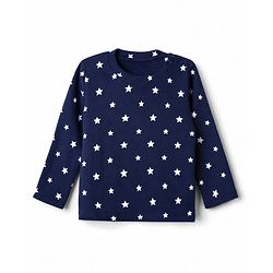 Babyhug 100% Cotton Knit Rib Full Sleeves Co-Ords T-Shirt & Pyjama Winter NIght Suit with Star Print - Navy Blue