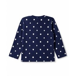 Babyhug 100% Cotton Knit Rib Full Sleeves Co-Ords T-Shirt & Pyjama Winter NIght Suit with Star Print - Navy Blue