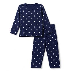 Babyhug 100% Cotton Knit Rib Full Sleeves Co-Ords T-Shirt & Pyjama Winter NIght Suit with Star Print - Navy Blue