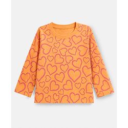 Babyhug 100% Cotton Knit Full Sleeves Co-Ords T-Shirt & Pyjama Night Suit with Heart Print - Peach