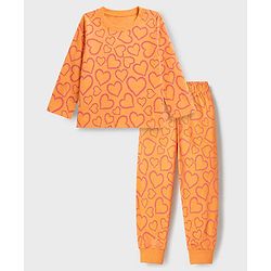 Babyhug 100% Cotton Knit Full Sleeves Co-Ords T-Shirt & Pyjama Night Suit with Heart Print - Peach