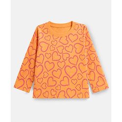 Babyhug 100% Cotton Knit Full Sleeves Co-Ords T-Shirt & Pyjama Night Suit with Heart Print - Peach
