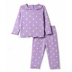 Babyhug Cotton Knit Rib Full Sleeves Co-Ords T-Shirt & Pyjama Night Suit with Heart Print - Lavender