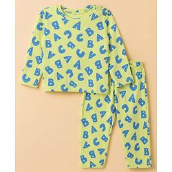 Babyhug Cotton Knit Rib Full Sleeves T-Shirt & Pajama Winter Night Suit with ABC Letters Print - Green