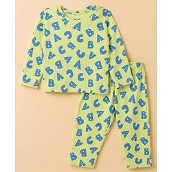 Babyhug Cotton Knit Rib Full Sleeves T-Shirt & Pajama Winter Night Suit with ABC Letters Print - Green