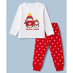 Babyhug 100% Cotton Knit Full Sleeves T-Shirt & Pyjama Night Suit with Penguin & Heart Print - White