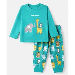 Babyhug Cotton Knit Full Sleeves T-Shirt & Pajama Night Suit with Monkey Giraffe Elephant Print - Turquoise