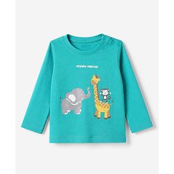 Babyhug Cotton Knit Full Sleeves T-Shirt & Pajama Night Suit with Monkey Giraffe Elephant Print - Turquoise