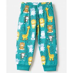 Babyhug Cotton Knit Full Sleeves T-Shirt & Pajama Night Suit with Monkey Giraffe Elephant Print - Turquoise