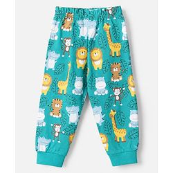 Babyhug Cotton Knit Full Sleeves T-Shirt & Pajama Night Suit with Monkey Giraffe Elephant Print - Turquoise