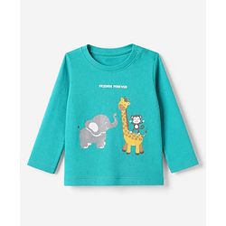 Babyhug Cotton Knit Full Sleeves T-Shirt & Pajama Night Suit with Monkey Giraffe Elephant Print - Turquoise