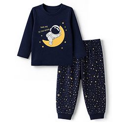Babyhug Cotton Knit Full Sleeves T-Shirt & Pyjama Set With Astronaut Print - Navy Blue