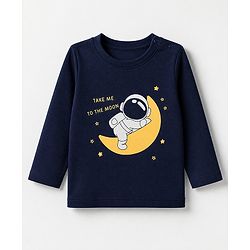 Babyhug Cotton Knit Full Sleeves T-Shirt & Pyjama Set With Astronaut Print - Navy Blue