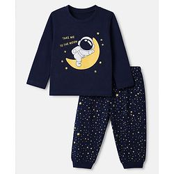 Babyhug Cotton Knit Full Sleeves T-Shirt & Pyjama Set With Astronaut Print - Navy Blue