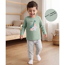 Babyhug 100% Cotton Knit Full Sleeves T-Shirt & Pyjama Night Suit with Animal Print - Green