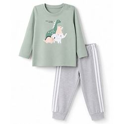 Babyhug 100% Cotton Knit Full Sleeves T-Shirt & Pyjama Night Suit with Animal Print - Green