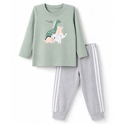 Babyhug 100% Cotton Knit Full Sleeves T-Shirt & Pyjama Night Suit with Animal Print - Green