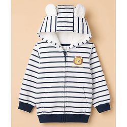 Babyhug 100% Cotton Knit Front Open Full Sleeves Heavy Gauge Striped Sweatshirt with Lion Print & Ear Applique - White & Navy Blue