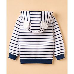 Babyhug 100% Cotton Knit Front Open Full Sleeves Heavy Gauge Striped Sweatshirt with Lion Print & Ear Applique - White & Navy Blue
