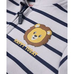 Babyhug 100% Cotton Knit Front Open Full Sleeves Heavy Gauge Striped Sweatshirt with Lion Print & Ear Applique - White & Navy Blue