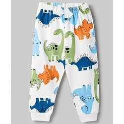 Babyhug 100% Cotton Knit Full Sleeves Co-Ords T-Shirt & Pyjama Night Suit with Dinosaur Print - White