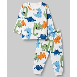 Babyhug 100% Cotton Knit Full Sleeves Co-Ords T-Shirt & Pyjama Night Suit with Dinosaur Print - White