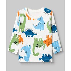 Babyhug 100% Cotton Knit Full Sleeves Co-Ords T-Shirt & Pyjama Night Suit with Dinosaur Print - White